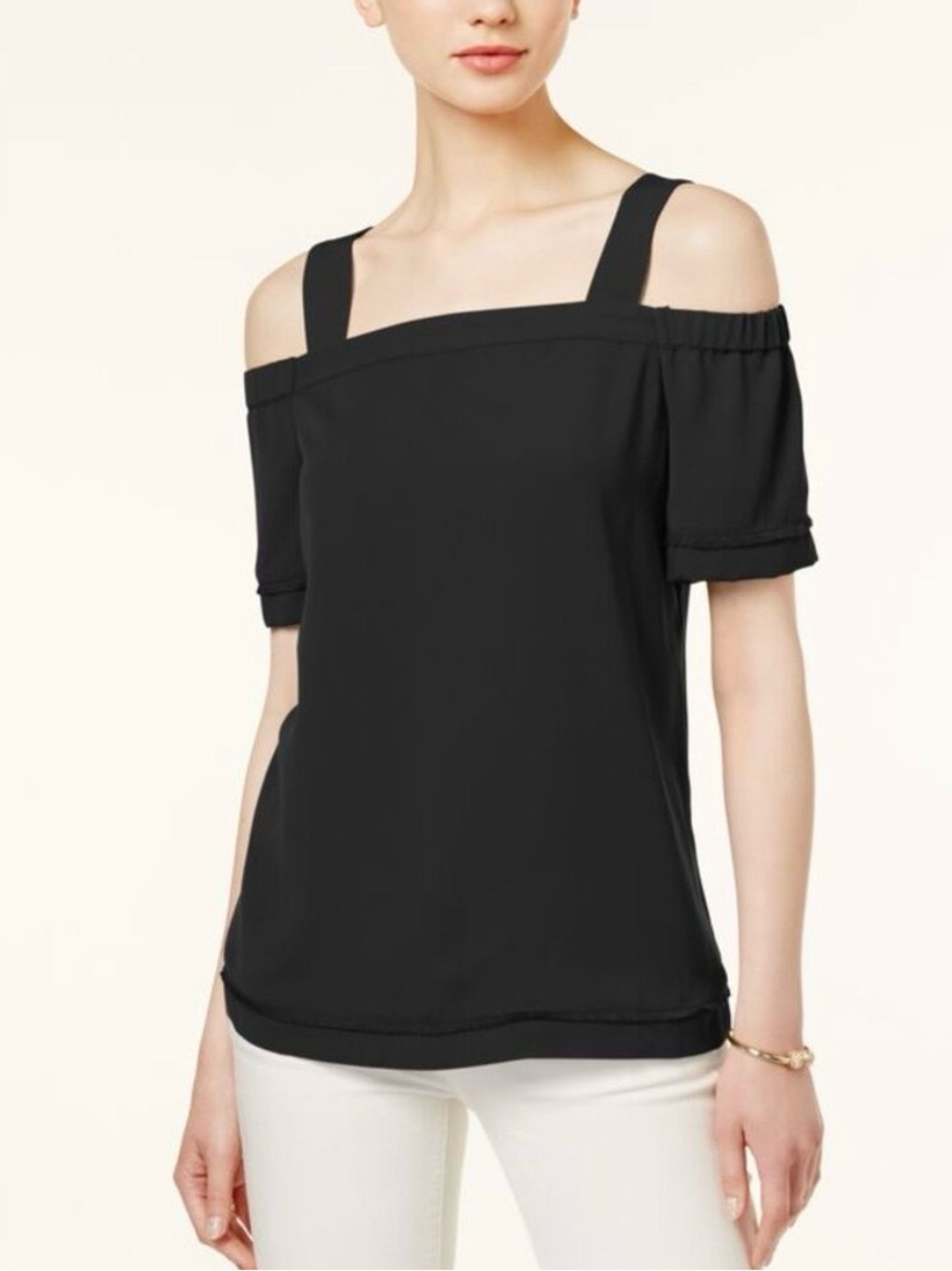 NWT Bar III Black Polyester Off Shoulder Top with Square Neckline Accent